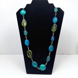 Chunky Acrylic Beaded Statement Necklace and Bracelet Set Blue Green Jewelry